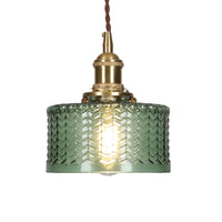 Retro Korte Cilinder Hanglamp 1 Hoofd Heldere/Groene Golfglas Plafondlamp met Draaischakelaar in Messing