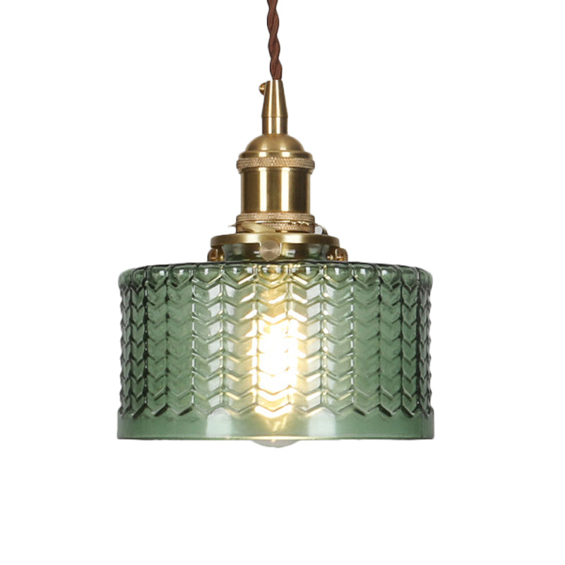 Retro Korte Cilinder Hanglamp 1 Hoofd Heldere/Groene Golfglas Plafondlamp met Draaischakelaar in Messing