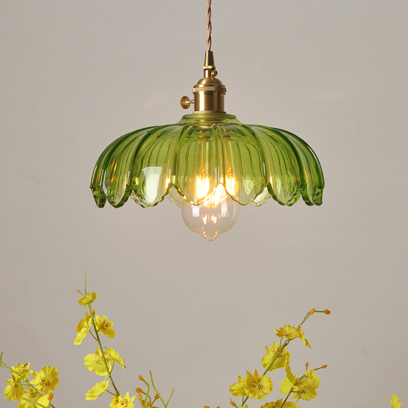 Groene Glazen Golfvormige Lampenkap Hanglamp Retro 1 Lamp Open Keuken Hangende Plafondverlichting in Messing