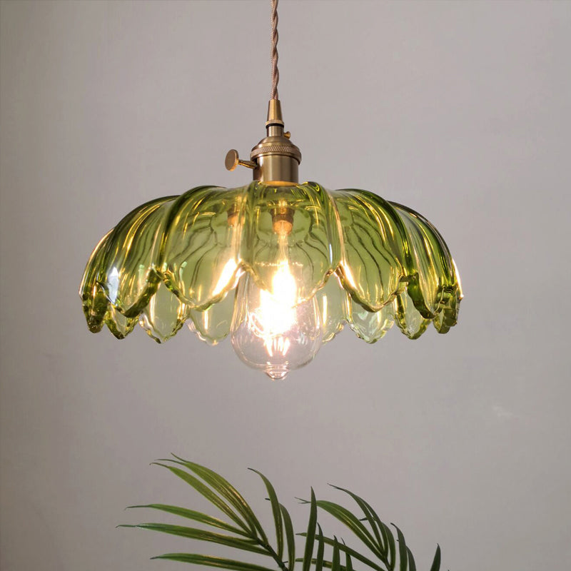 Groene Glazen Golfvormige Lampenkap Hanglamp Retro 1 Lamp Open Keuken Hangende Plafondverlichting in Messing