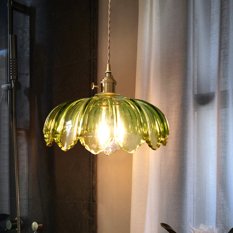 Groene Glazen Golfvormige Lampenkap Hanglamp Retro 1 Lamp Open Keuken Hangende Plafondverlichting in Messing