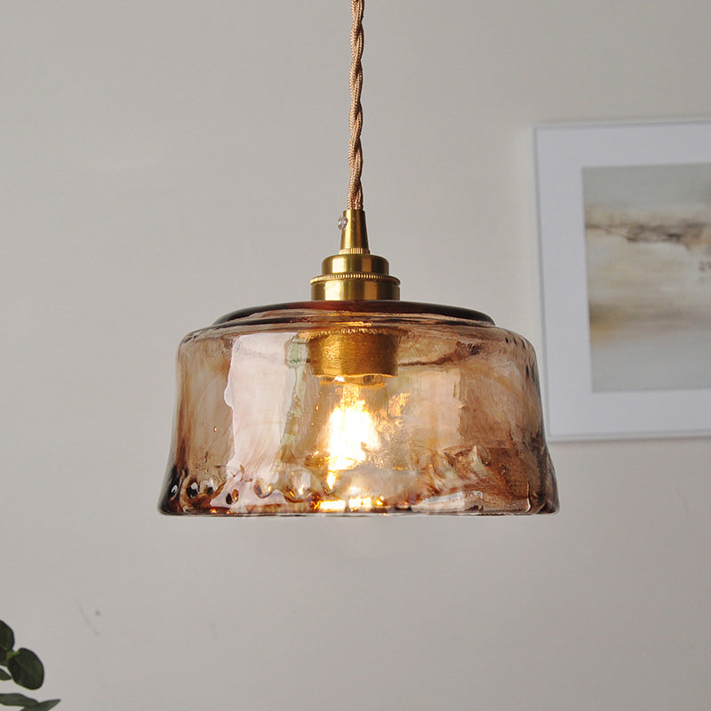 1-Lichts Hanglamp Rustieke Eetkamer Pendel Lamp met Ronde Amber Alabaster Glazen Kap in Messing