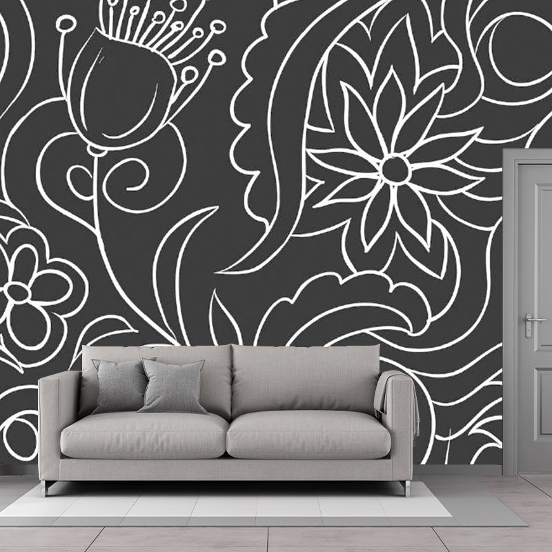 Zwart-wit Minimalistische Muurbehang Hele Bloemenwandkunst voor de Woonkamer