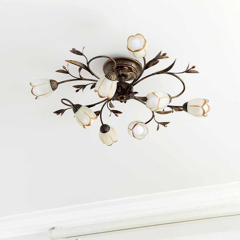 Bloemenklimop Slaapkamer Semi Flush Mount Plattelands Crème Glas 4/8/12-Licht Antiek Messing Plafondlamp