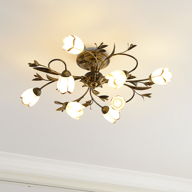 Bloemenklimop Slaapkamer Semi Flush Mount Plattelands Crème Glas 4/8/12-Licht Antiek Messing Plafondlamp