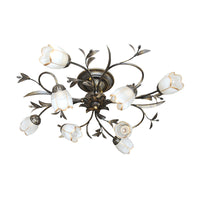Bloemenklimop Slaapkamer Semi Flush Mount Plattelands Crème Glas 4/8/12-Licht Antiek Messing Plafondlamp