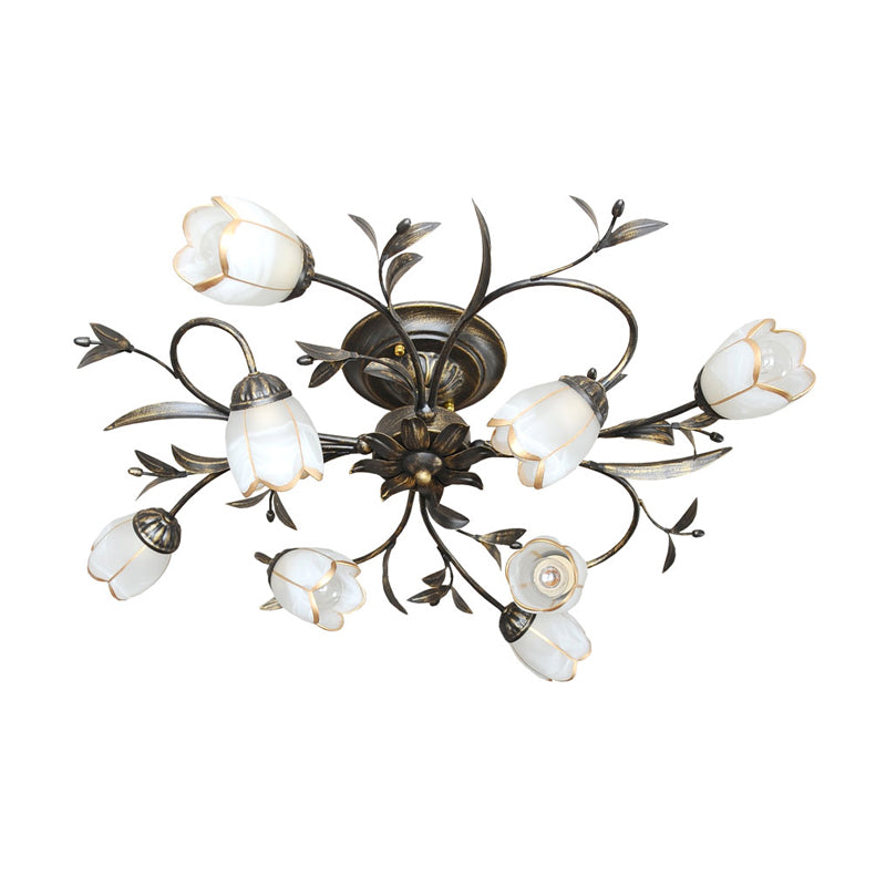 Bloemenklimop Slaapkamer Semi Flush Mount Plattelands Crème Glas 4/8/12-Licht Antiek Messing Plafondlamp