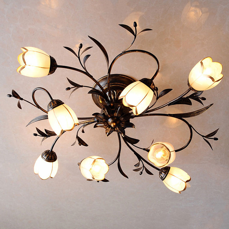 Bloemenklimop Slaapkamer Semi Flush Mount Plattelands Crème Glas 4/8/12-Licht Antiek Messing Plafondlamp