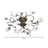 Bloemenklimop Slaapkamer Semi Flush Mount Plattelands Crème Glas 4/8/12-Licht Antiek Messing Plafondlamp