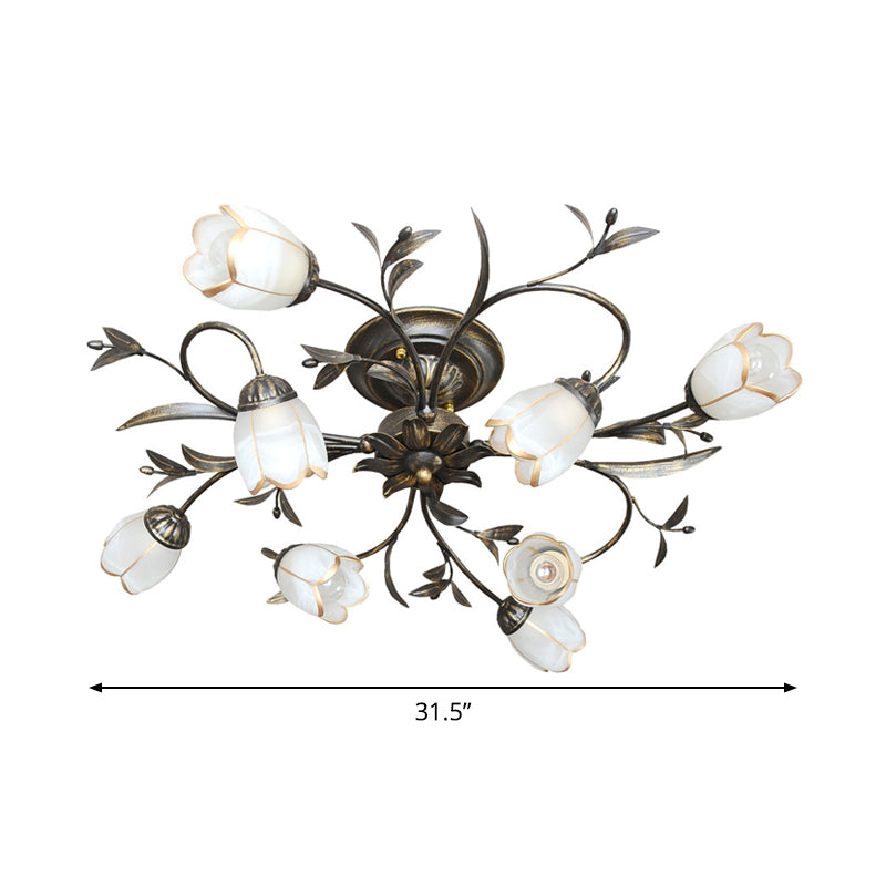 Bloemenklimop Slaapkamer Semi Flush Mount Plattelands Crème Glas 4/8/12-Licht Antiek Messing Plafondlamp
