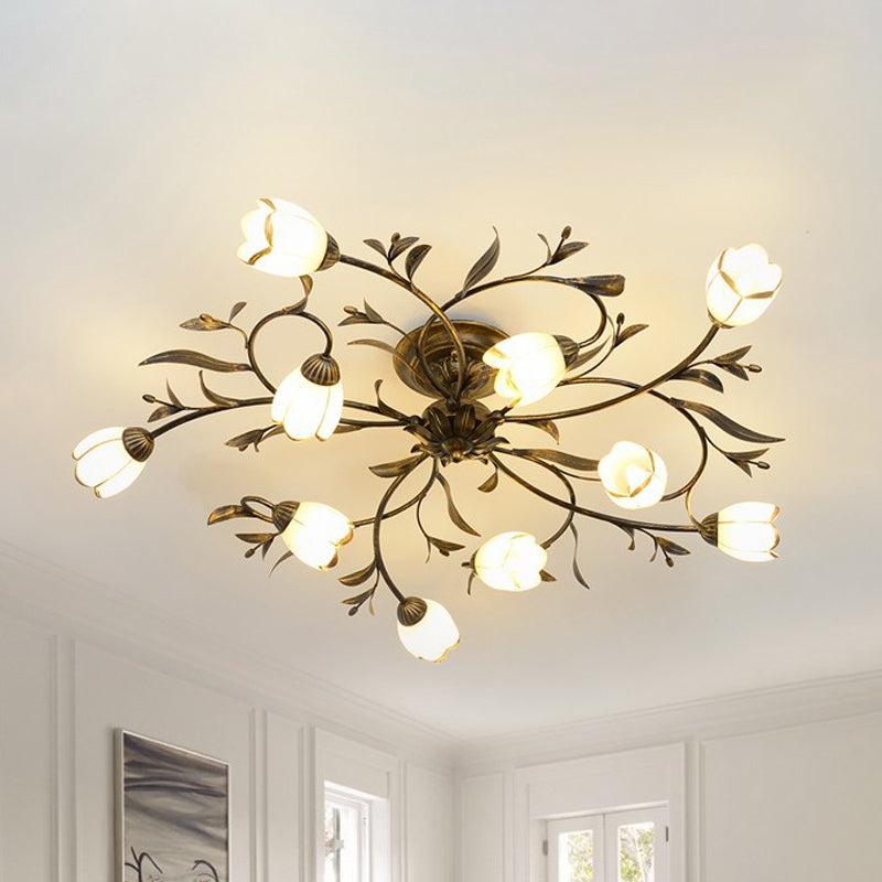 Bloemenklimop Slaapkamer Semi Flush Mount Plattelands Crème Glas 4/8/12-Licht Antiek Messing Plafondlamp