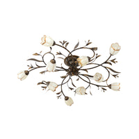 Bloemenklimop Slaapkamer Semi Flush Mount Plattelands Crème Glas 4/8/12-Licht Antiek Messing Plafondlamp