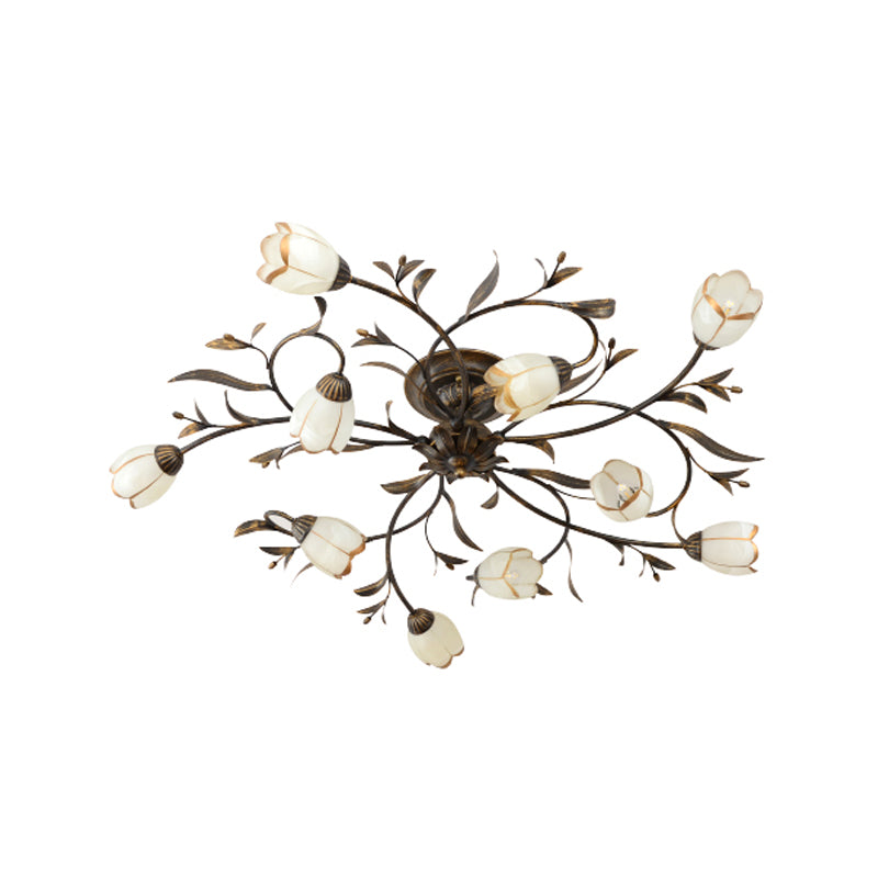 Bloemenklimop Slaapkamer Semi Flush Mount Plattelands Crème Glas 4/8/12-Licht Antiek Messing Plafondlamp