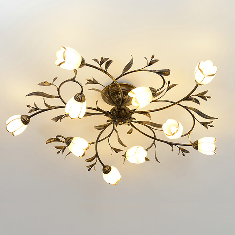 Bloemenklimop Slaapkamer Semi Flush Mount Plattelands Crème Glas 4/8/12-Licht Antiek Messing Plafondlamp