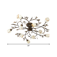 Bloemenklimop Slaapkamer Semi Flush Mount Plattelands Crème Glas 4/8/12-Licht Antiek Messing Plafondlamp