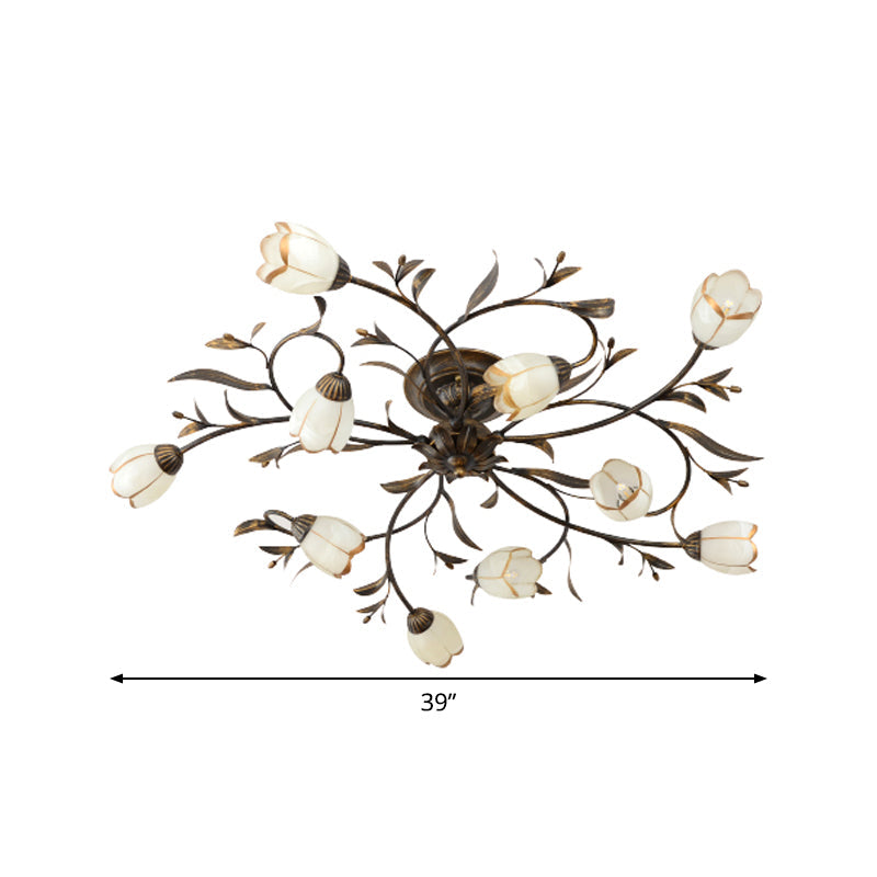 Bloemenklimop Slaapkamer Semi Flush Mount Plattelands Crème Glas 4/8/12-Licht Antiek Messing Plafondlamp