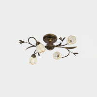 Bloemenklimop Slaapkamer Semi Flush Mount Plattelands Crème Glas 4/8/12-Licht Antiek Messing Plafondlamp