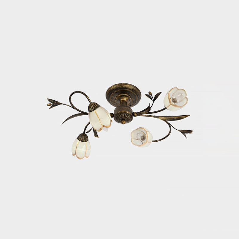 Bloemenklimop Slaapkamer Semi Flush Mount Plattelands Crème Glas 4/8/12-Licht Antiek Messing Plafondlamp