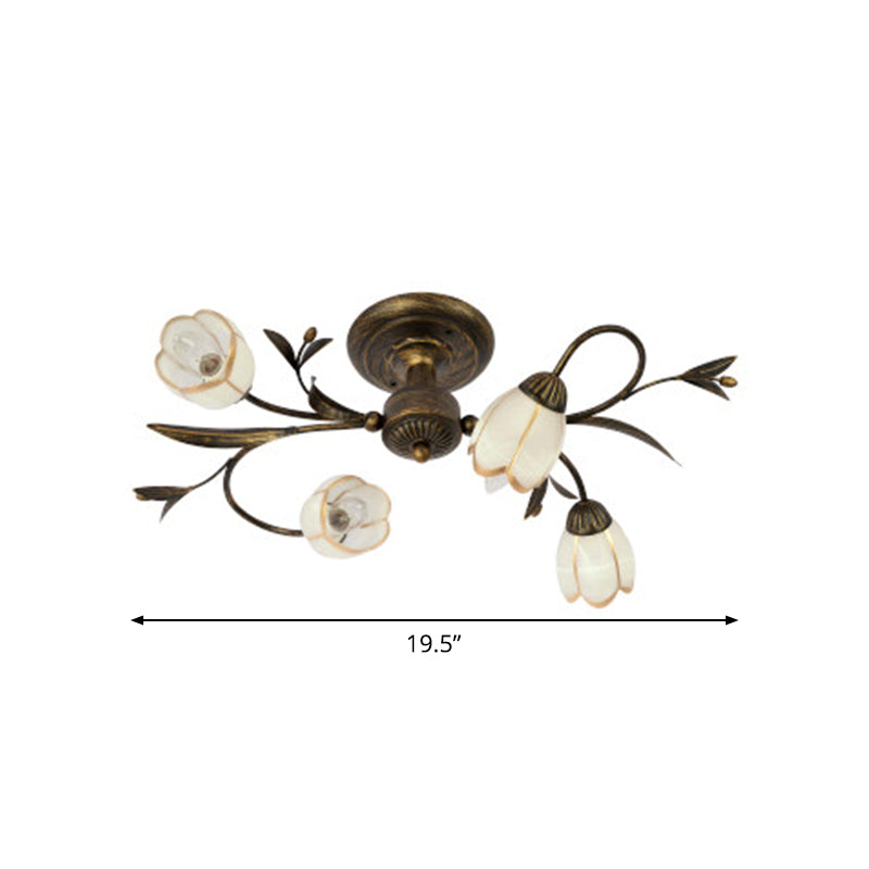 Bloemenklimop Slaapkamer Semi Flush Mount Plattelands Crème Glas 4/8/12-Licht Antiek Messing Plafondlamp