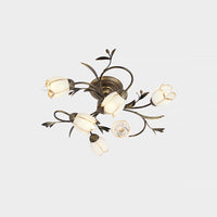 Bloemenklimop Slaapkamer Semi Flush Mount Plattelands Crème Glas 4/8/12-Licht Antiek Messing Plafondlamp