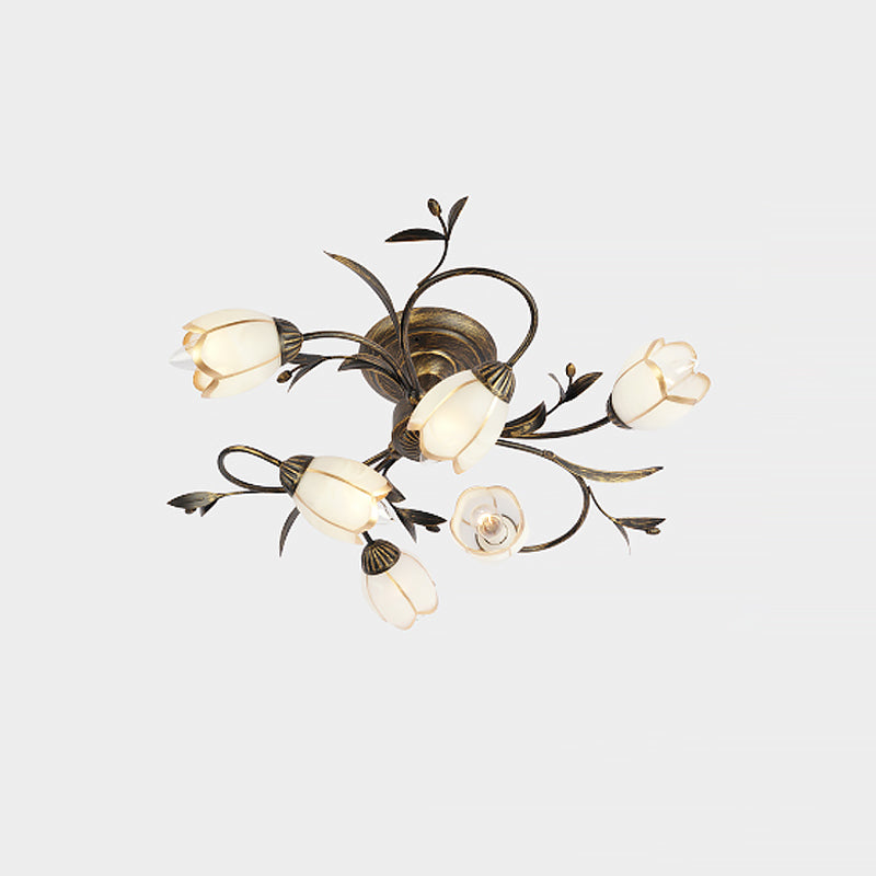 Bloemenklimop Slaapkamer Semi Flush Mount Plattelands Crème Glas 4/8/12-Licht Antiek Messing Plafondlamp