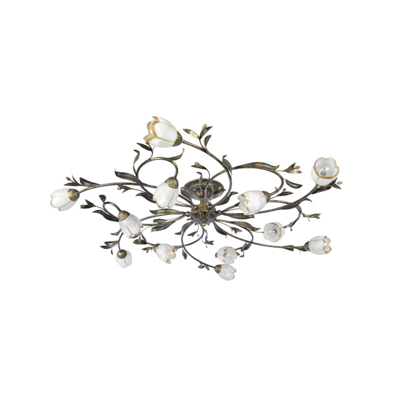 Bloemenklimop Slaapkamer Semi Flush Mount Plattelands Crème Glas 4/8/12-Licht Antiek Messing Plafondlamp