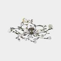 Bloemenklimop Slaapkamer Semi Flush Mount Plattelands Crème Glas 4/8/12-Licht Antiek Messing Plafondlamp