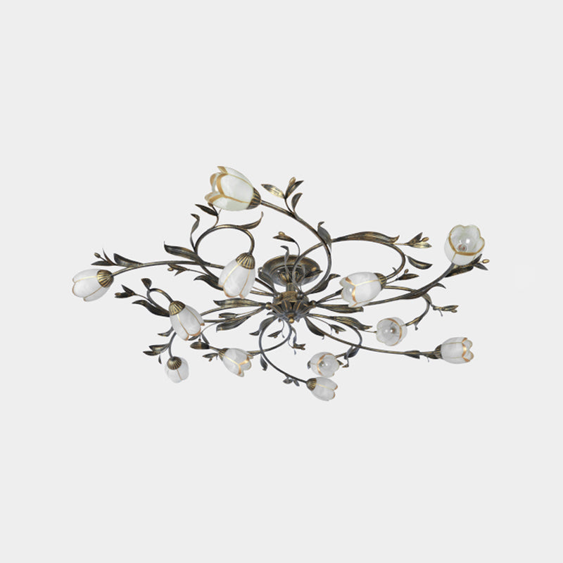 Bloemenklimop Slaapkamer Semi Flush Mount Plattelands Crème Glas 4/8/12-Licht Antiek Messing Plafondlamp