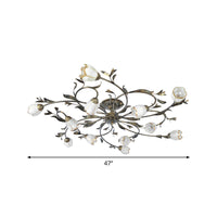 Bloemenklimop Slaapkamer Semi Flush Mount Plattelands Crème Glas 4/8/12-Licht Antiek Messing Plafondlamp