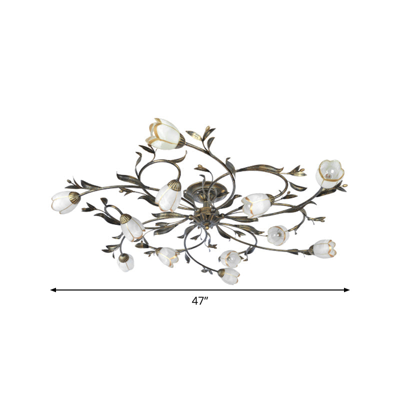 Bloemenklimop Slaapkamer Semi Flush Mount Plattelands Crème Glas 4/8/12-Licht Antiek Messing Plafondlamp