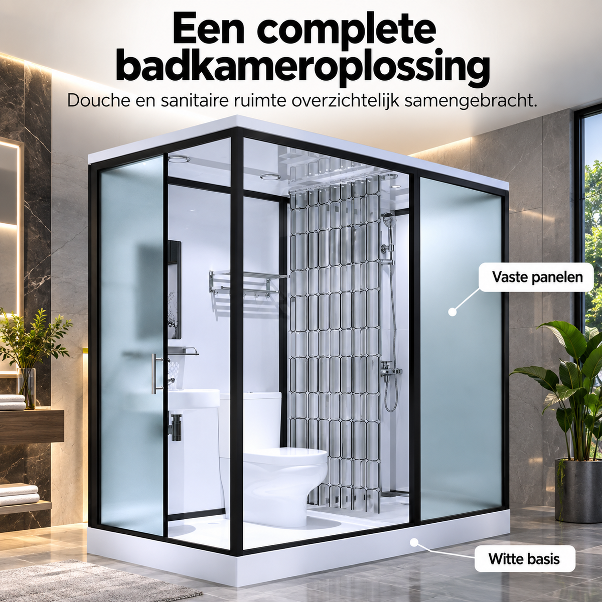 Basis Inclusief Gekaderde Douchecabine met Witte Basis en Vaste Paneel