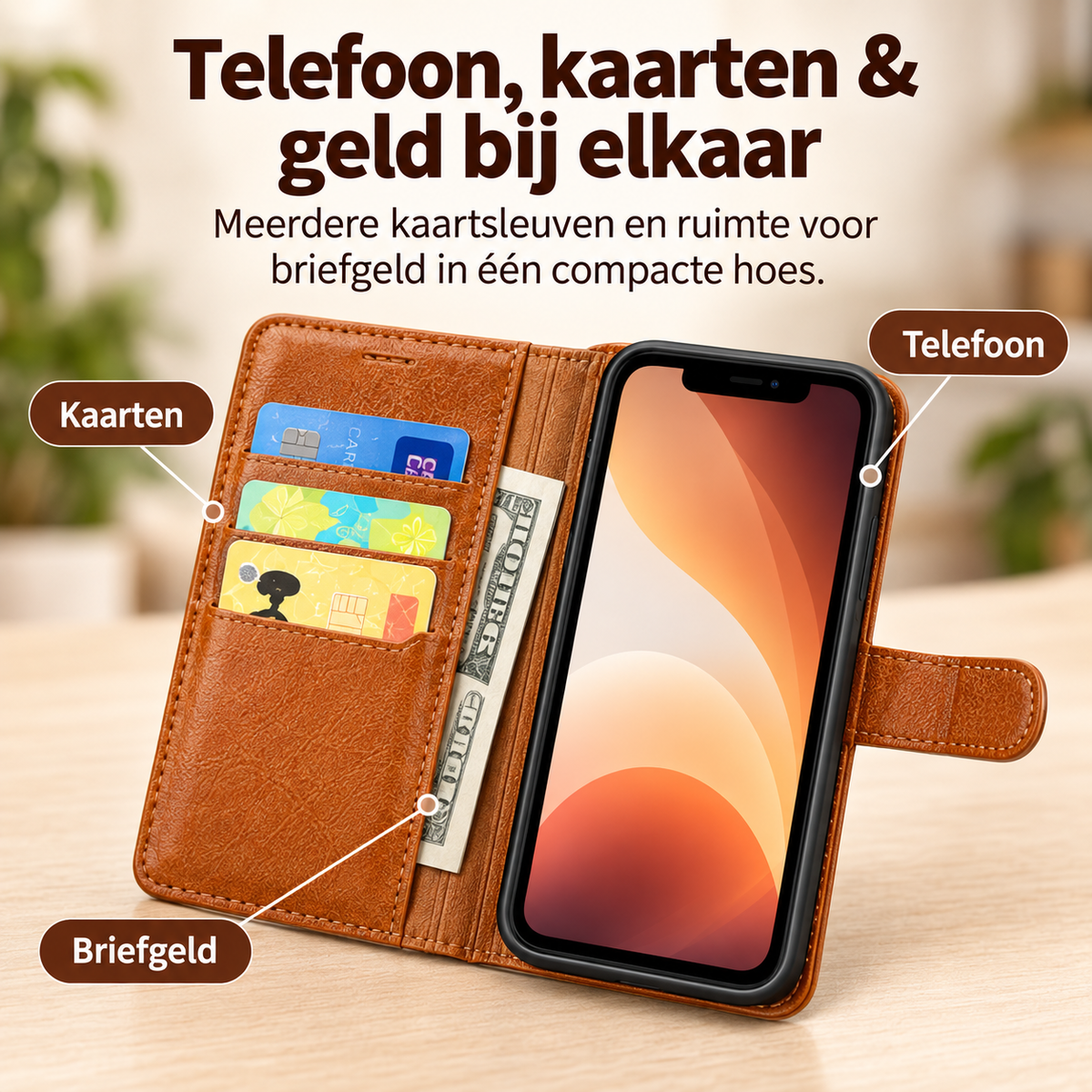 Premium Leer iPhone Flip Portemonnee & Stand Case