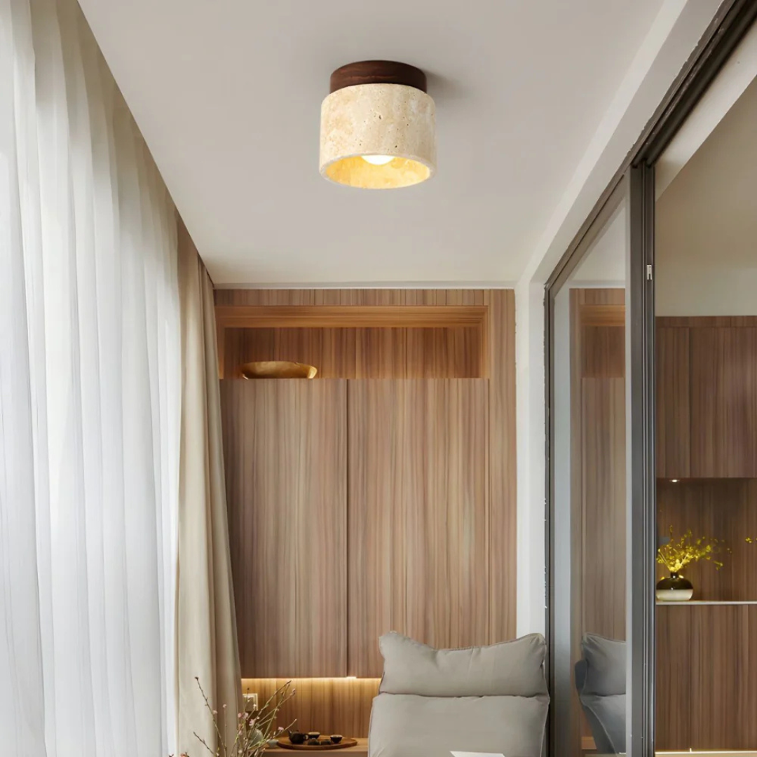 Radia - Cilindervormige Travertin Plafondlamp met Houten Accent