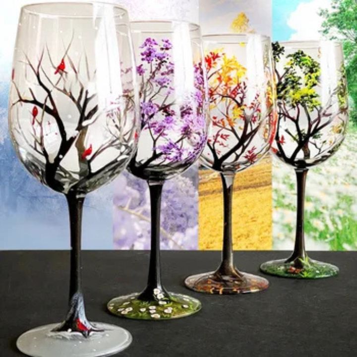 VinoVerve | Vier-Seizoenen Boom -Wijnglas | Handbeschilderde Kunstzinnige Glazen