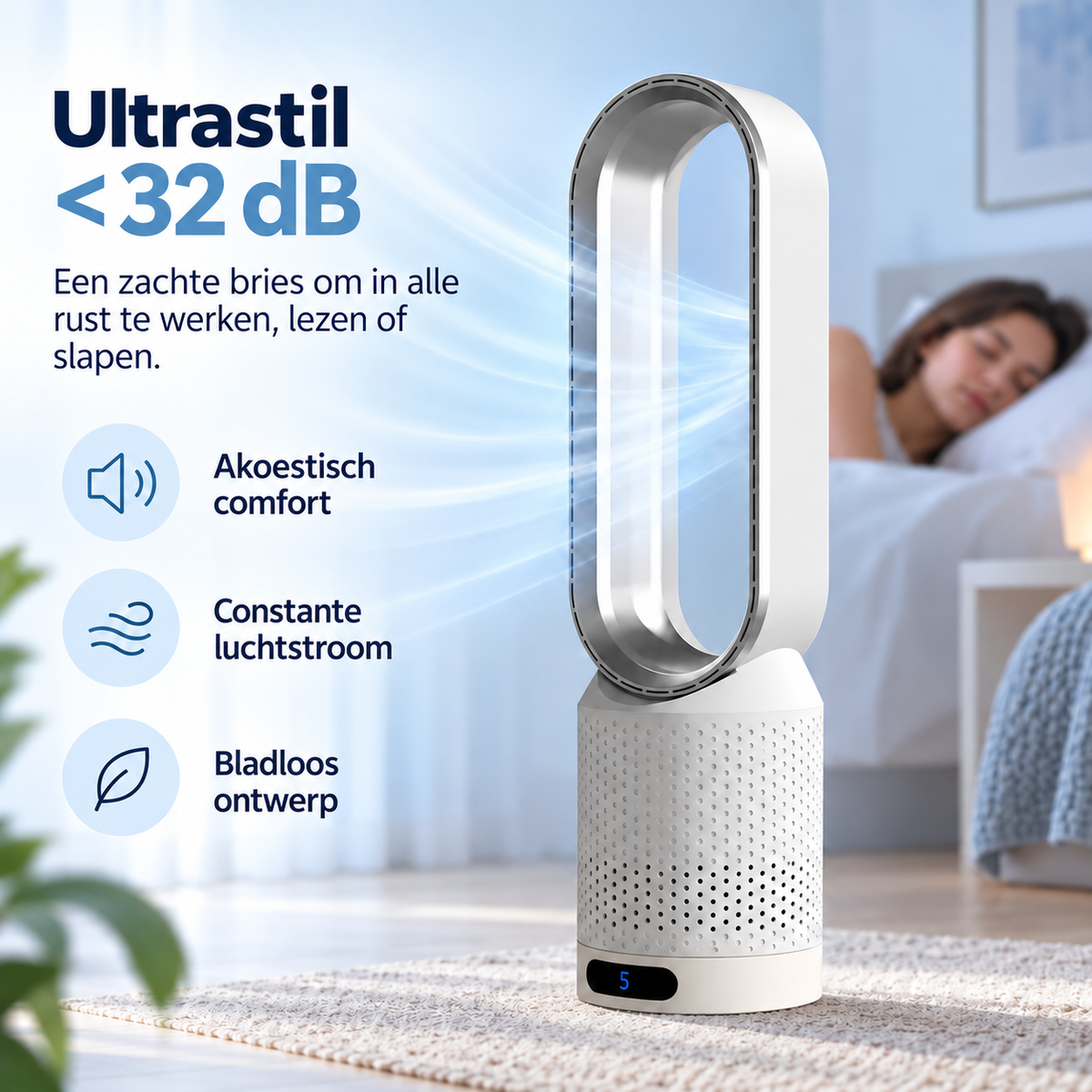 AirPure – Ultrastille bladloze torenventilator (< 32 dB)