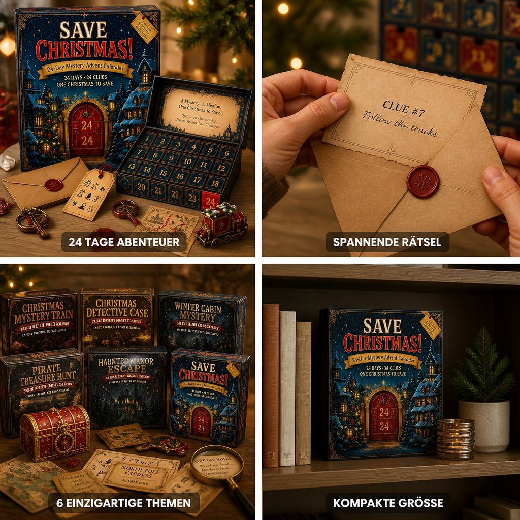 24-dagen escape room puzzel adventskalender met 6 mysterie-thema's