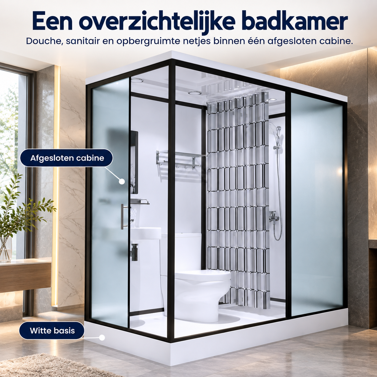 Basis Inclusief Gekaderde Douchecabine met Witte Basis en Vaste Paneel