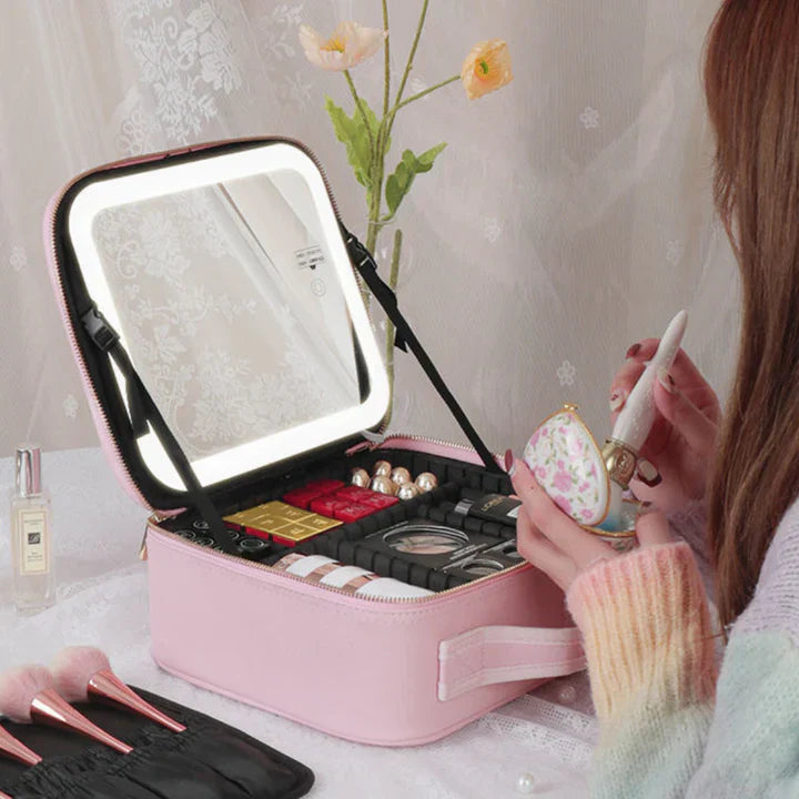 GlowLuxe LED beautycase | Draagbare beauty organizer met verstelbare LED spiegel voor vlekkeloze