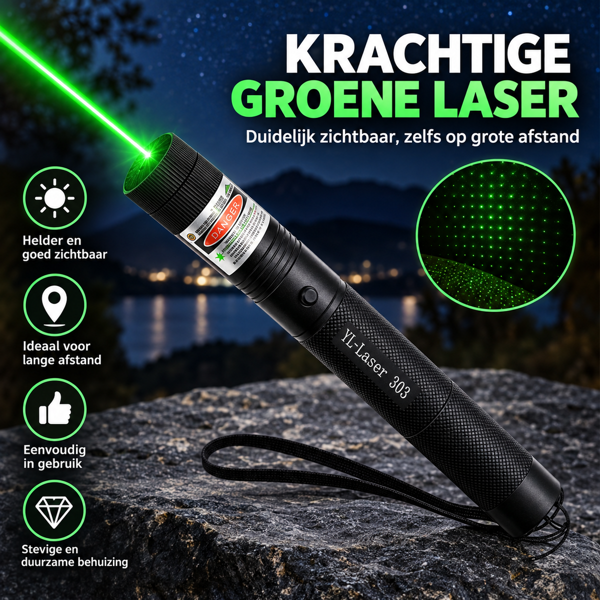 Laserpointer met precisiestraal | Zeer goed zichtbaar, zelfs op grote afstanden, perfect voor nauwkeurigheid bij presentaties en buitenactiviteiten.