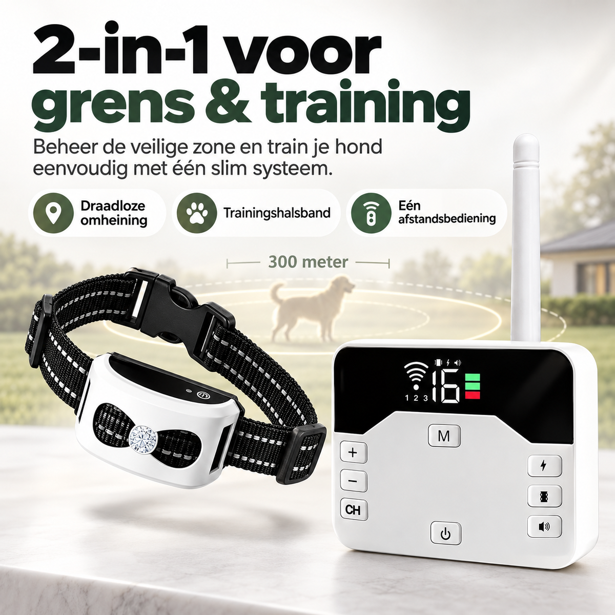 Draadloze Omheining & Trainingshalsband 2-in-1 - Waterdicht & Oplaadbaar
