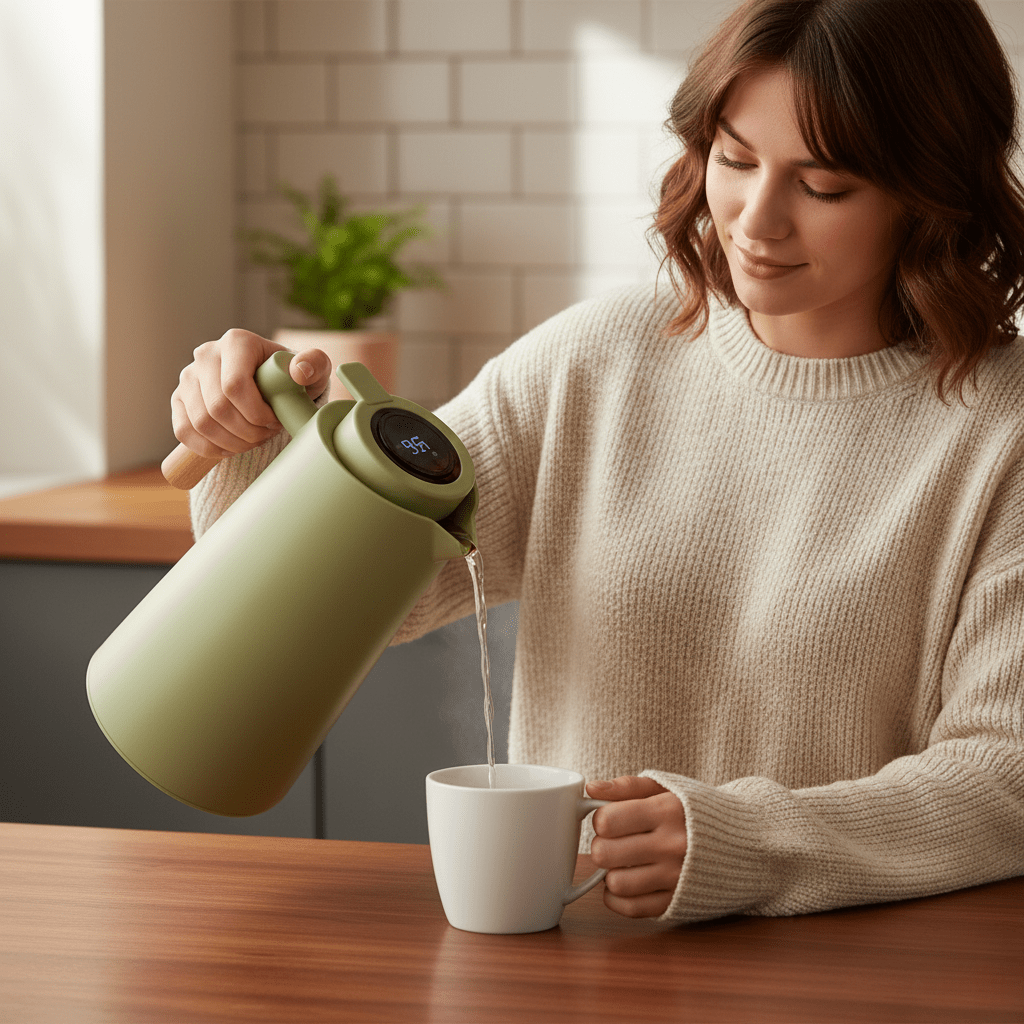 LATTEA THERMO – Dubbelwandige Thermoskan met Temperatuurweergave en Houten Handvat