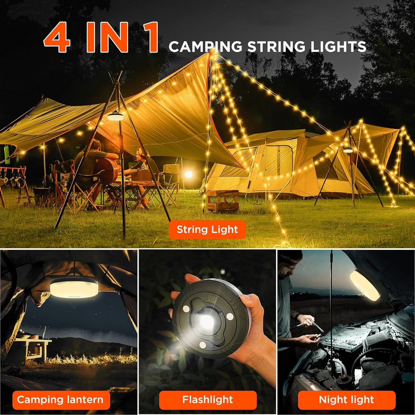 CampLite™ | 4-in-1 Campinglamp met RGB-lampjesketting & Powerbank
