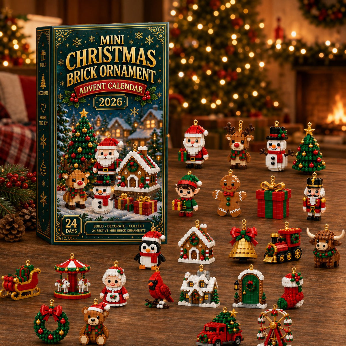 Mini tegelstenen adventskalender met 24 bouwsets voor kerst om te bouwen en op te hangen