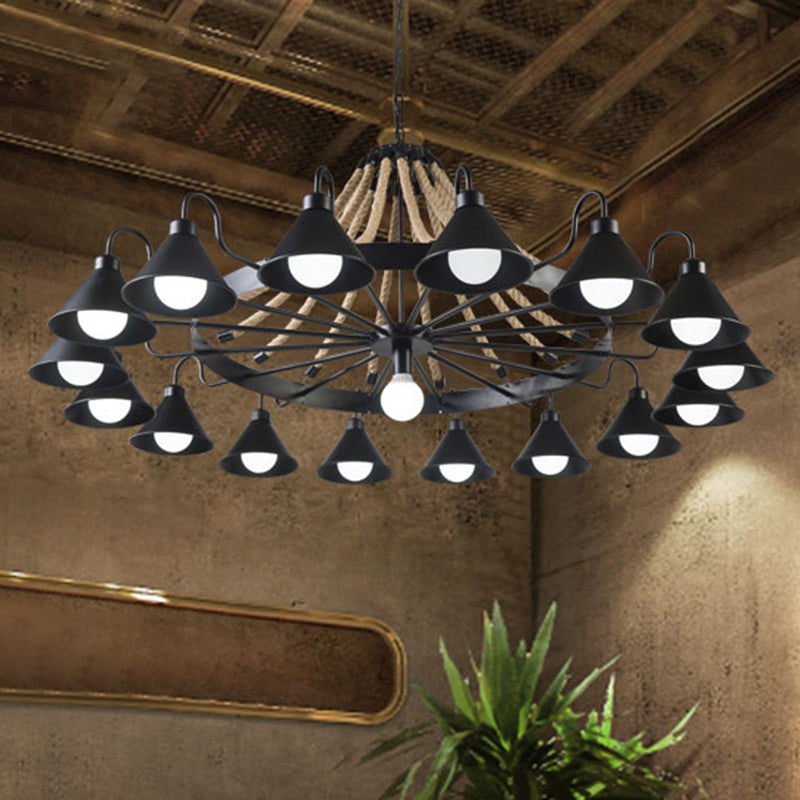 Metalen Zwarte Kroonluchter Lichtarmatuur Conische Industriële Touw Plafond Hanglamp met Wagenwielontwerp