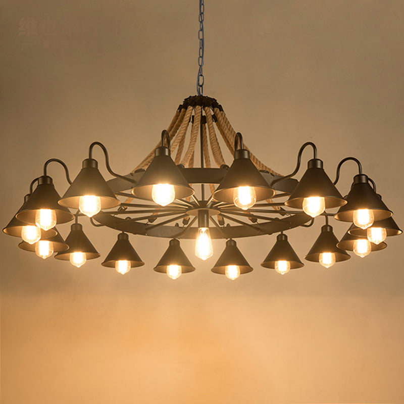 Metalen Zwarte Kroonluchter Lichtarmatuur Conische Industriële Touw Plafond Hanglamp met Wagenwielontwerp