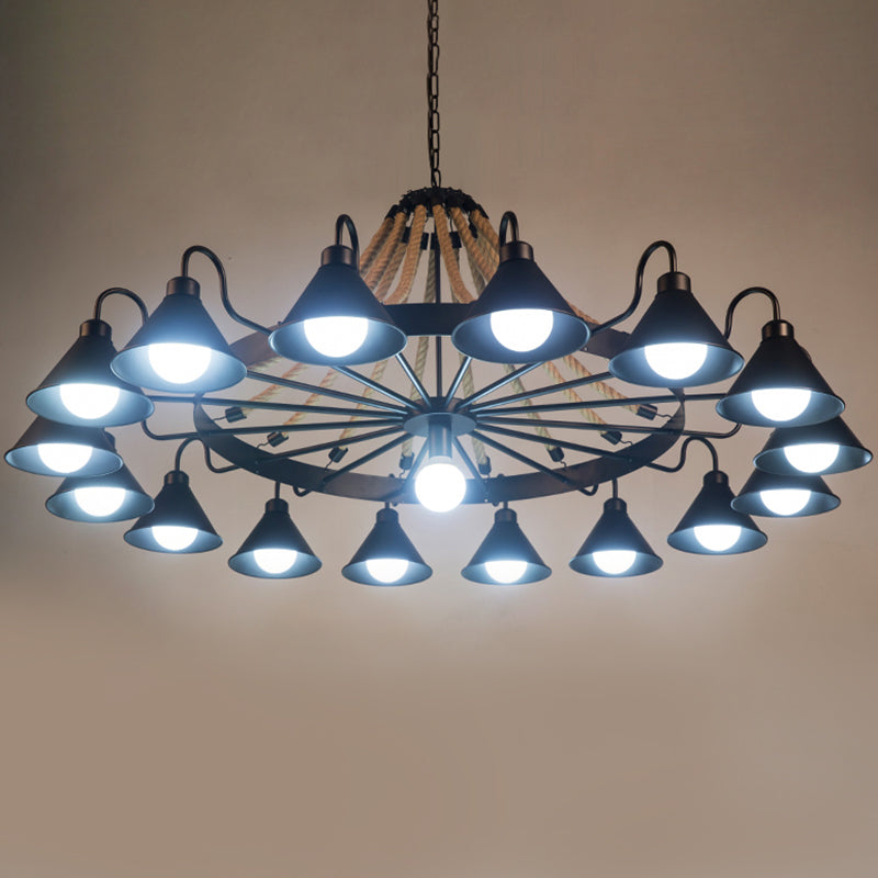 Metalen Zwarte Kroonluchter Lichtarmatuur Conische Industriële Touw Plafond Hanglamp met Wagenwielontwerp