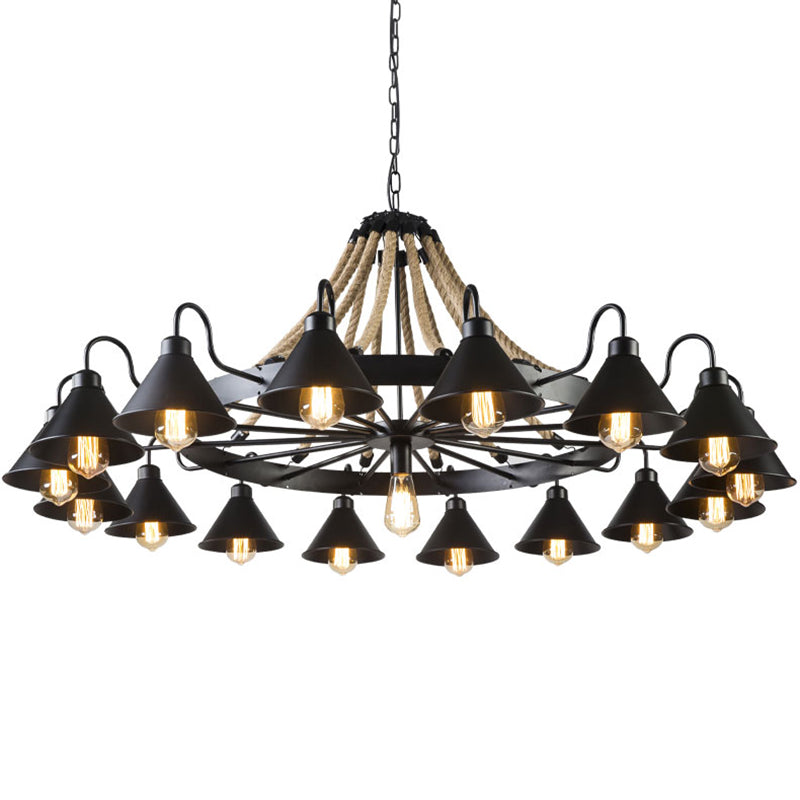 Metalen Zwarte Kroonluchter Lichtarmatuur Conische Industriële Touw Plafond Hanglamp met Wagenwielontwerp