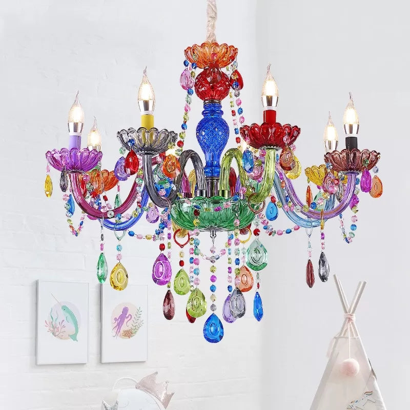 Nepkaars Hanglamp Mooie Glazen Multi-Kleurige Kroonluchter met Druppel Kristal voor Kleuterschool