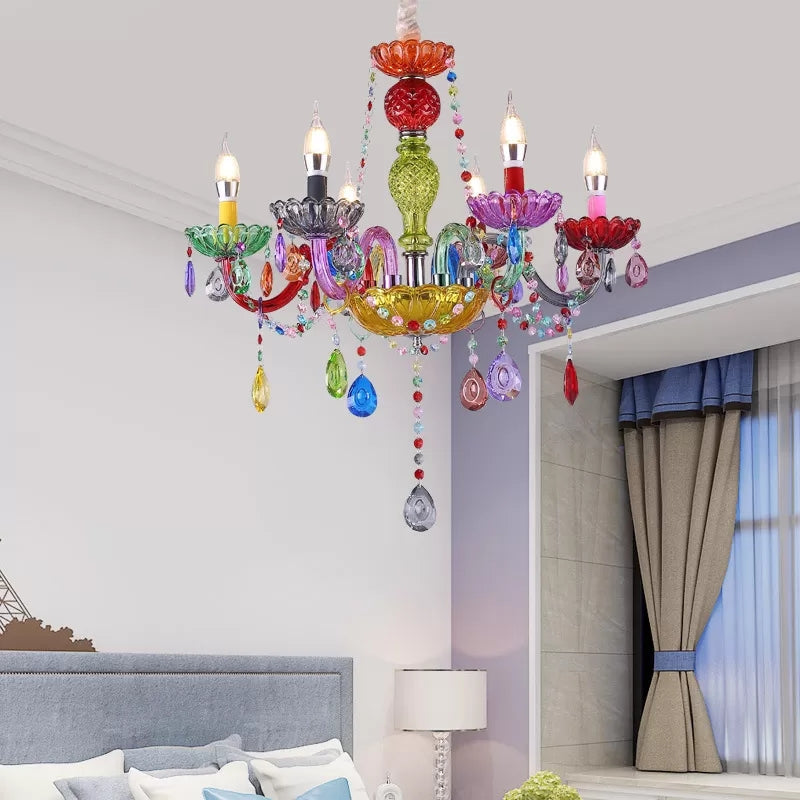 Nepkaars Hanglamp Mooie Glazen Multi-Kleurige Kroonluchter met Druppel Kristal voor Kleuterschool