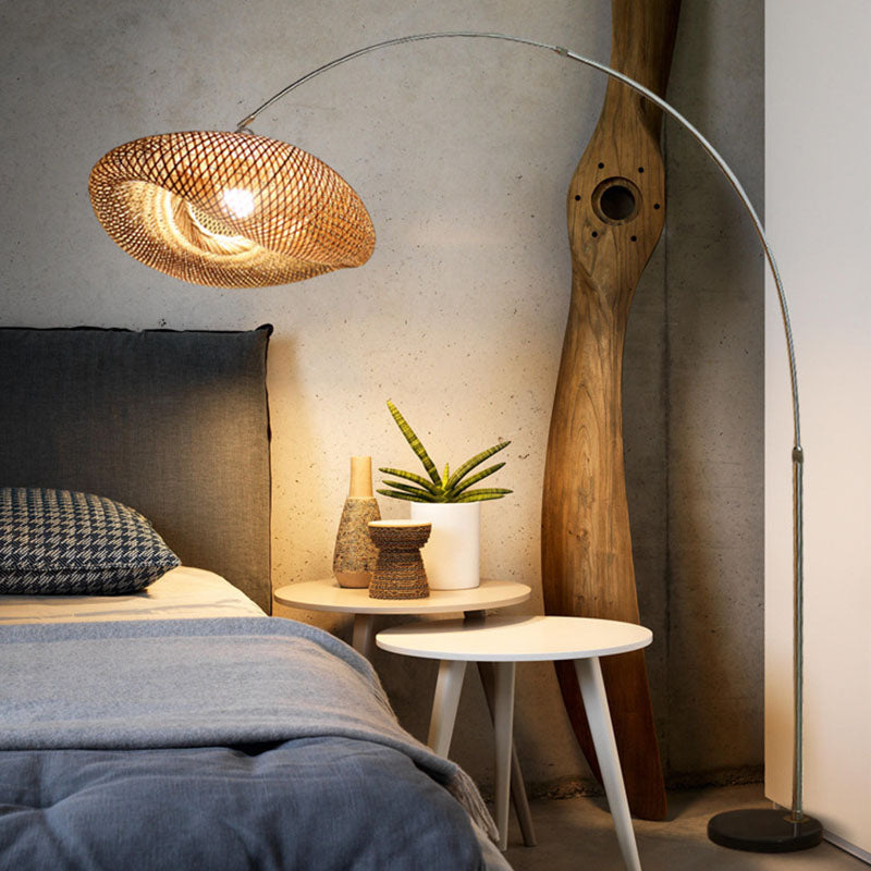 Visserslamp Staande Lamp Chinese Bamboe 1-Licht Houten Leesvloerlamp met Draaibare Kap